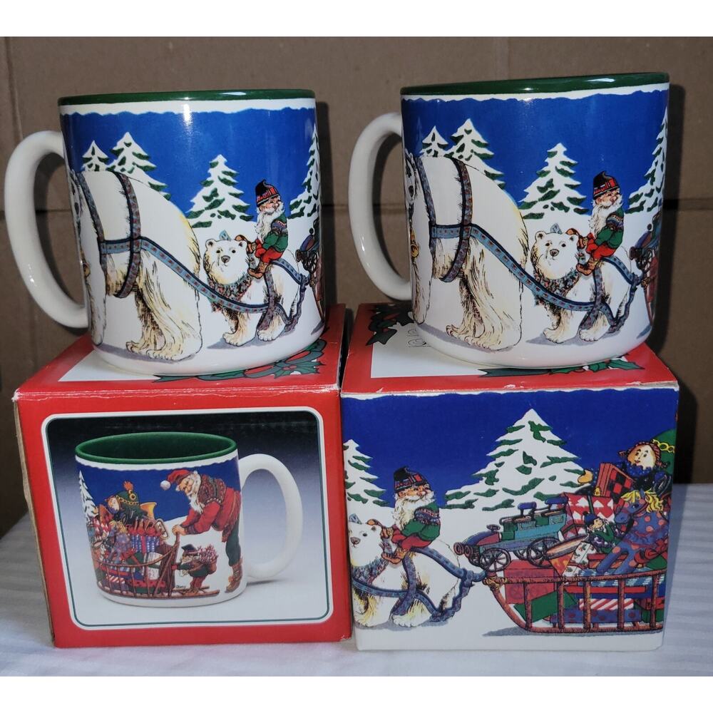 Vtg Christmas Cups (2) Potpourri Designs Santa Mug-An Arctic Cmas 1994 CoffeeCup